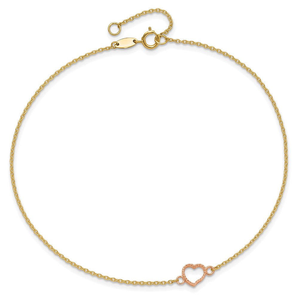 14k Two-tone 6 mm Textured and Polished Heart 9in Plus 1in ext. Anklet (1.16 grams)