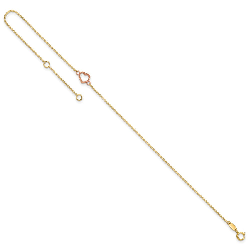 14k Two-tone 6 mm Textured and Polished Heart 9in Plus 1in ext. Anklet (1.16 grams)