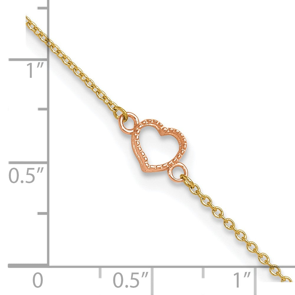 14k Two-tone 6 mm Textured and Polished Heart 9in Plus 1in ext. Anklet (1.16 grams)