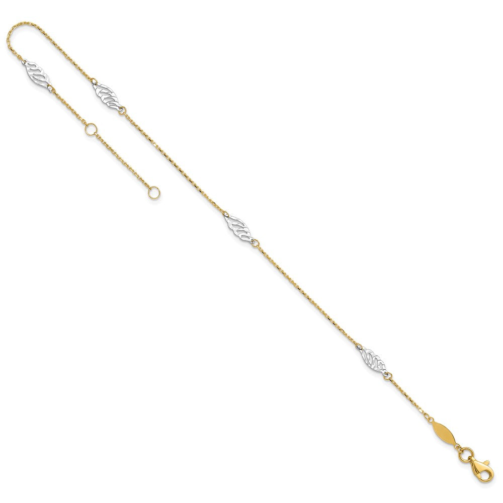 14k Two-tone 1 mm 4K Two-Tone Diamond-cut Polished Leaf in Plus in ext. Anklet (1.53 grams)