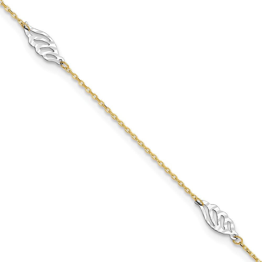 14k Two-tone 1 mm 4K Two-Tone Diamond-cut Polished Leaf in Plus in ext. Anklet (1.53 grams)