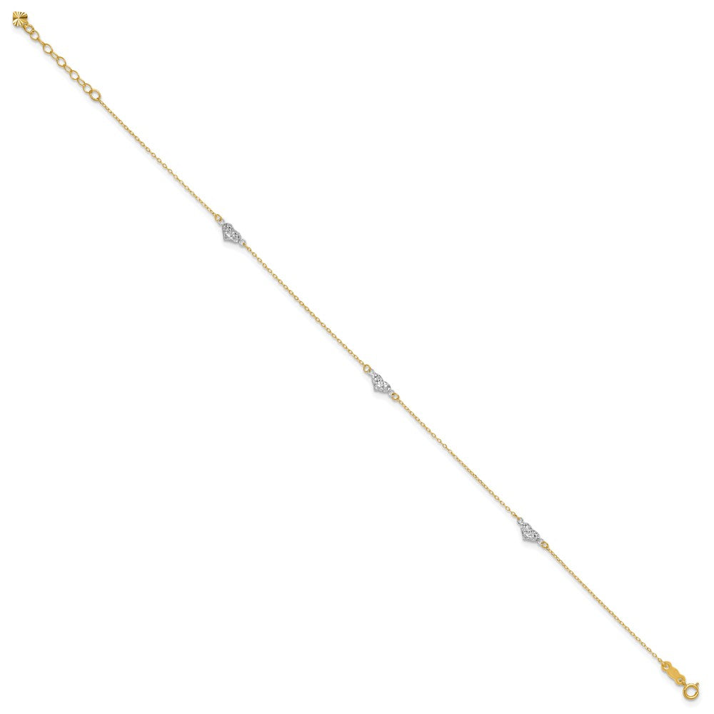 14k Two-tone 4.2 mm Polished D/C Triple Hearts 9in w/1in. Ext. Anklet (0.87 grams)