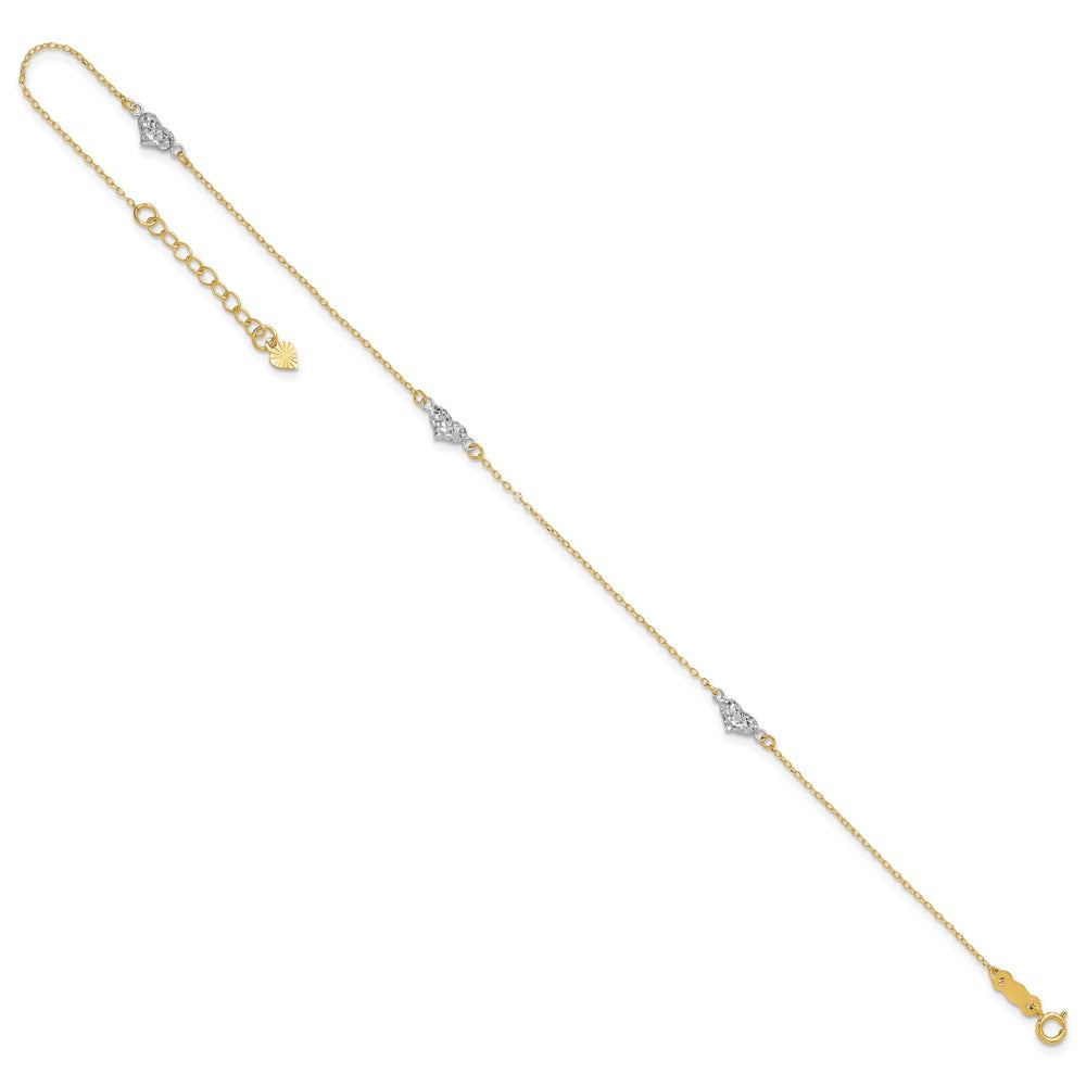 14k Two-tone 4.2 mm Polished D/C Triple Hearts 9in w/1in. Ext. Anklet (0.87 grams)