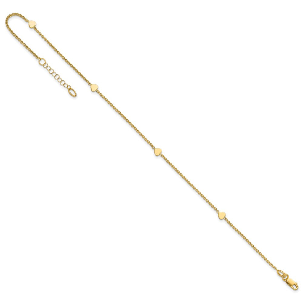 14k Yellow Gold 4.22 mm Polished Hearts in Plus 1in ext. Anklet (2.04 grams)