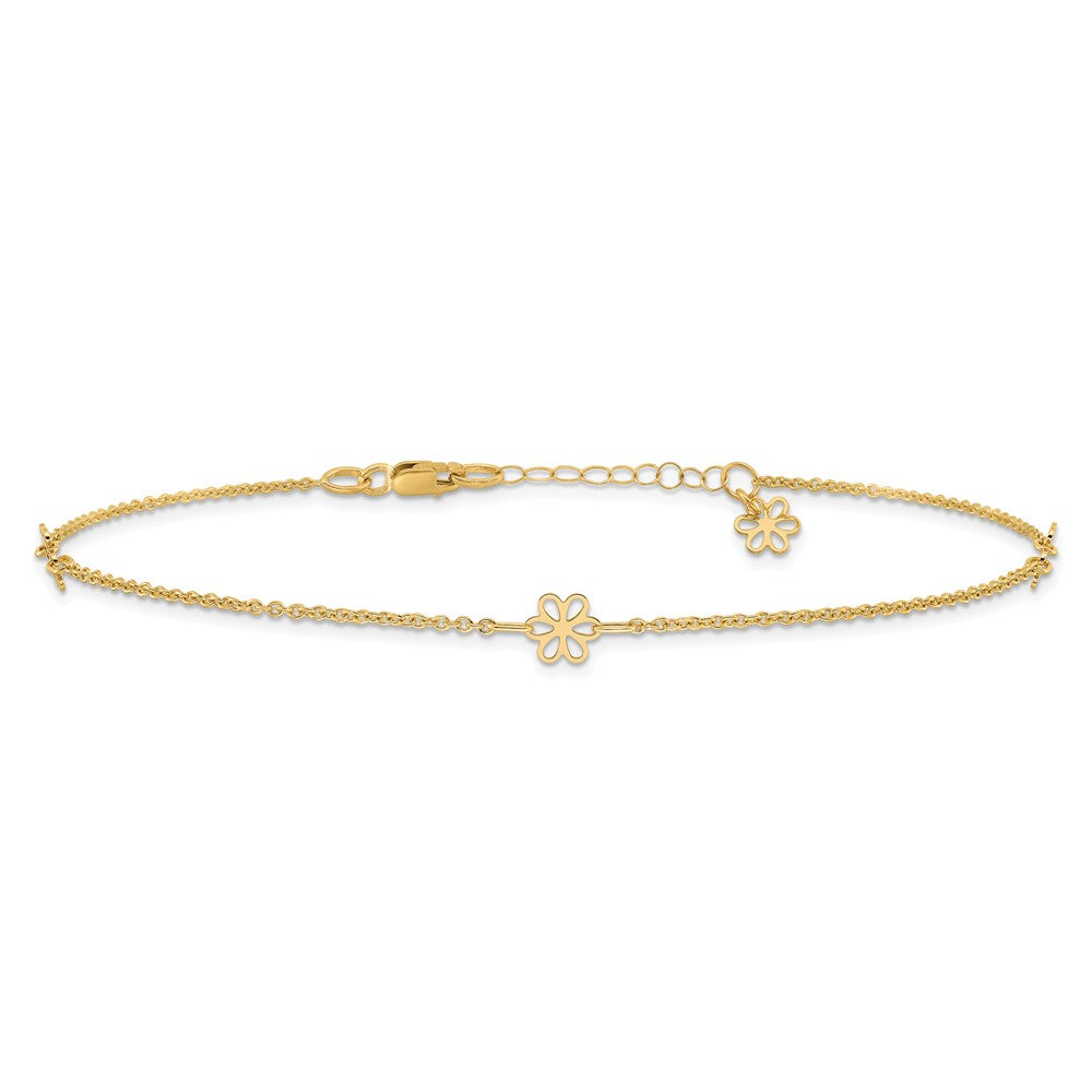 14k Yellow Gold 6.04 mm Polished Flowers in Plus 1in ext. Anklet (2.18 grams)