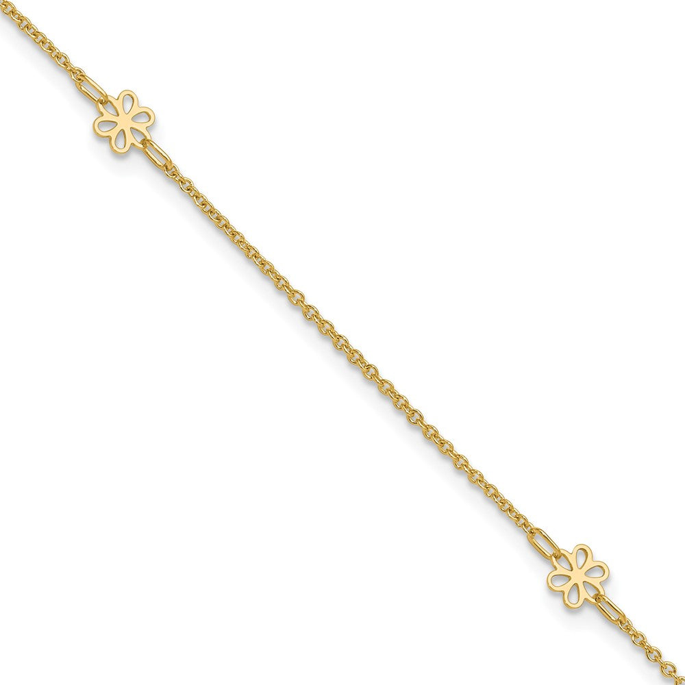 14k Yellow Gold 6.04 mm Polished Flowers in Plus 1in ext. Anklet (2.18 grams)