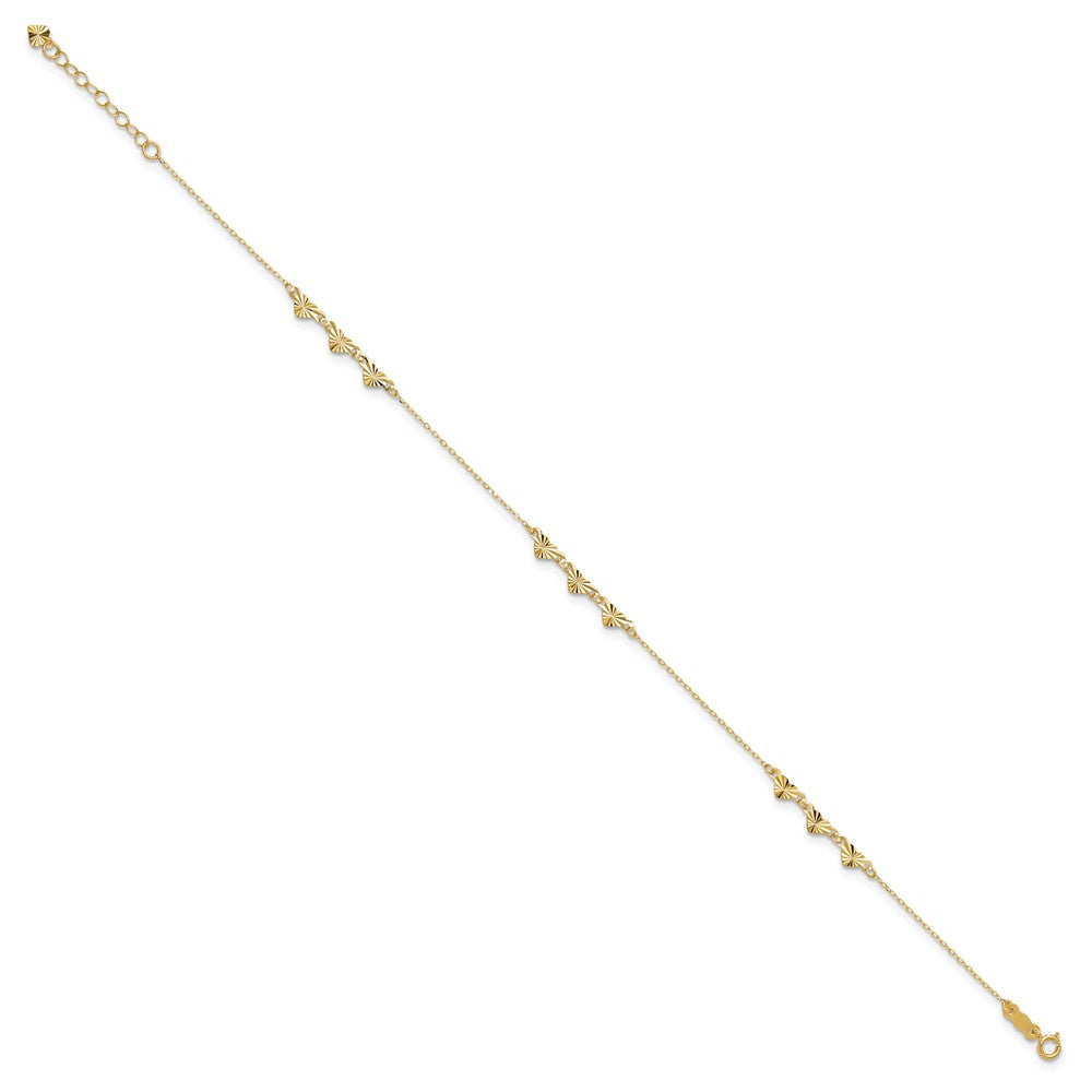 14k Yellow Gold 0.75 mm Diamond-cut Hearts in Plus 1in ext Anklet (1.03 grams)