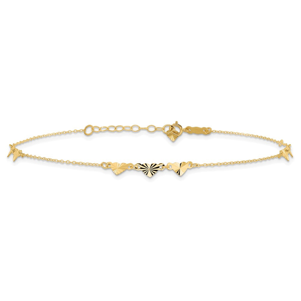 14k Yellow Gold 0.75 mm Diamond-cut Hearts in Plus 1in ext Anklet (1.03 grams)