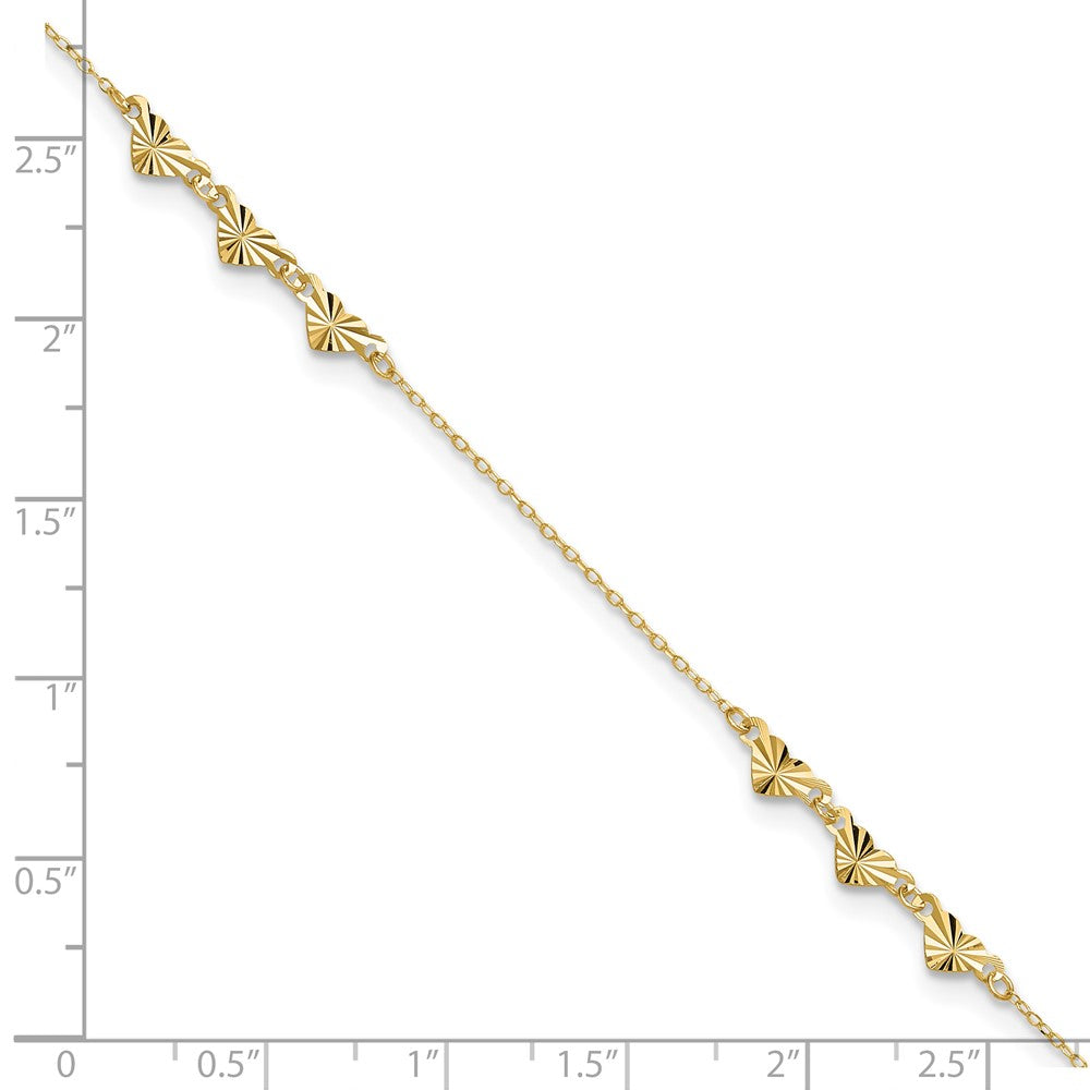 14k Yellow Gold 0.75 mm Diamond-cut Hearts in Plus 1in ext Anklet (1.03 grams)