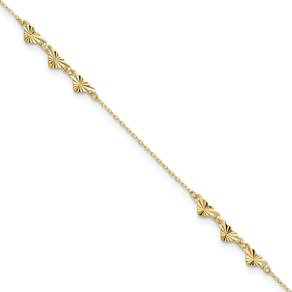 14k Yellow Gold 0.75 mm Diamond-cut Hearts in Plus 1in ext Anklet (1.03 grams)