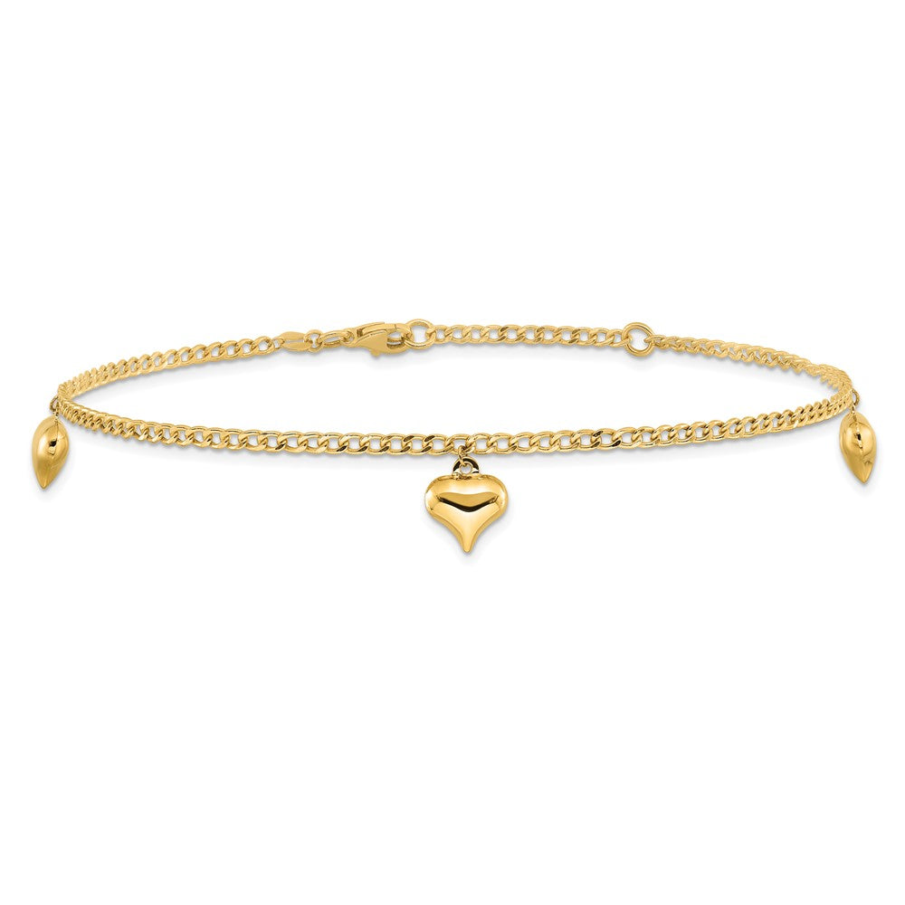 14k Yellow Gold 9 mm Polished 3 Puffed Heart in Plus 1in ext Anklet (2.83 grams)