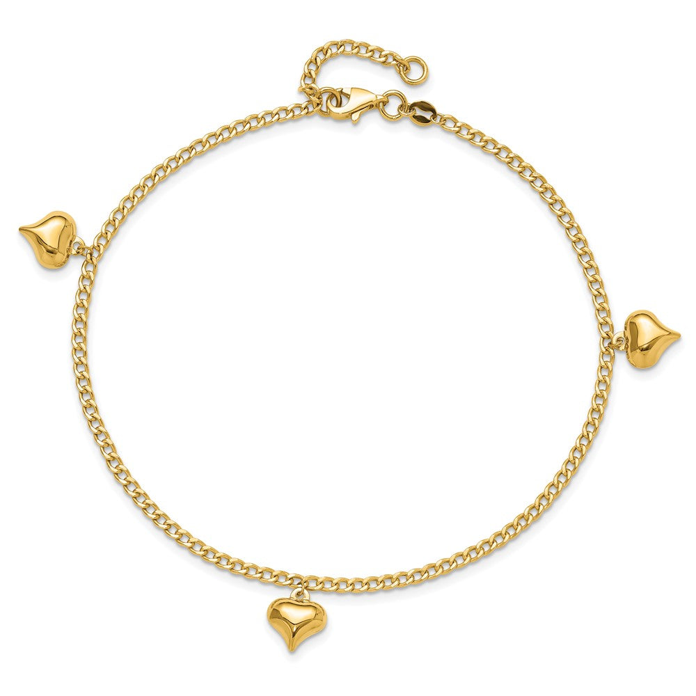 14k Yellow Gold 9 mm Polished 3 Puffed Heart in Plus 1in ext Anklet (2.83 grams)