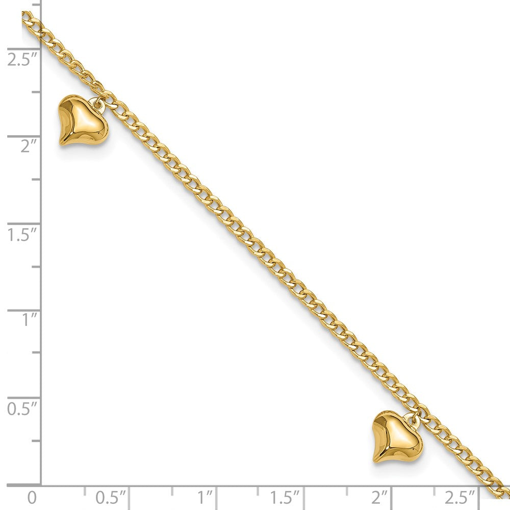 14k Yellow Gold 9 mm Polished 3 Puffed Heart in Plus 1in ext Anklet (2.83 grams)
