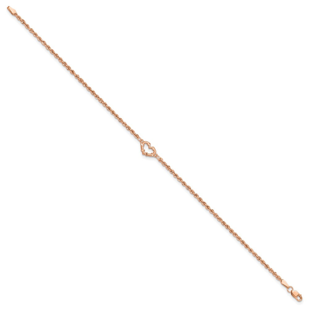 14k Rose Gold 10 mm Diamod-cut Rope with Heart in Anklet (1.82 grams)