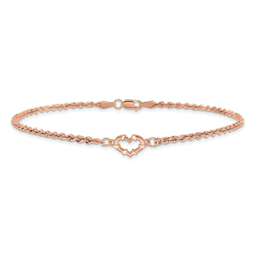 14k Rose Gold 10 mm Diamod-cut Rope with Heart in Anklet (1.82 grams)