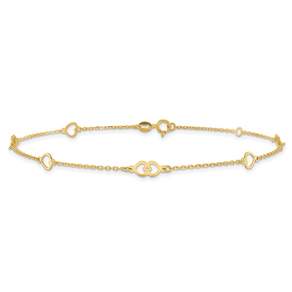 14k Yellow Gold 1 mm 4K Polished Hearts in Plus in ext. Anklet (1.26 grams)