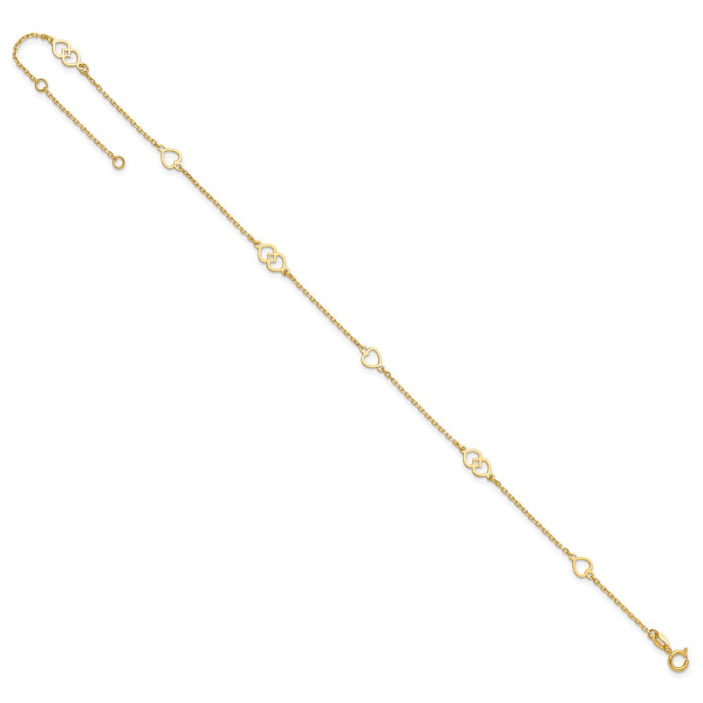 14k Yellow Gold 1 mm 4K Polished Hearts in Plus in ext. Anklet (1.26 grams)