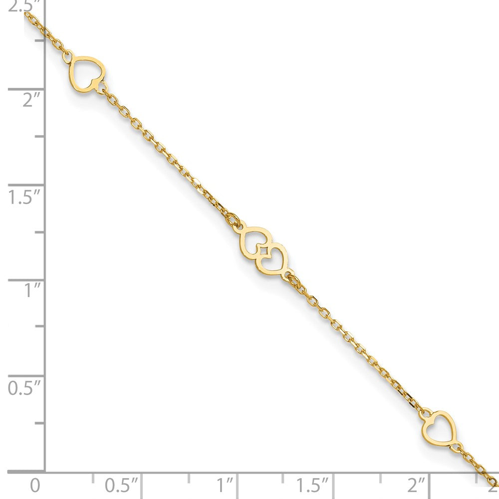 14k Yellow Gold 1 mm 4K Polished Hearts in Plus in ext. Anklet (1.26 grams)