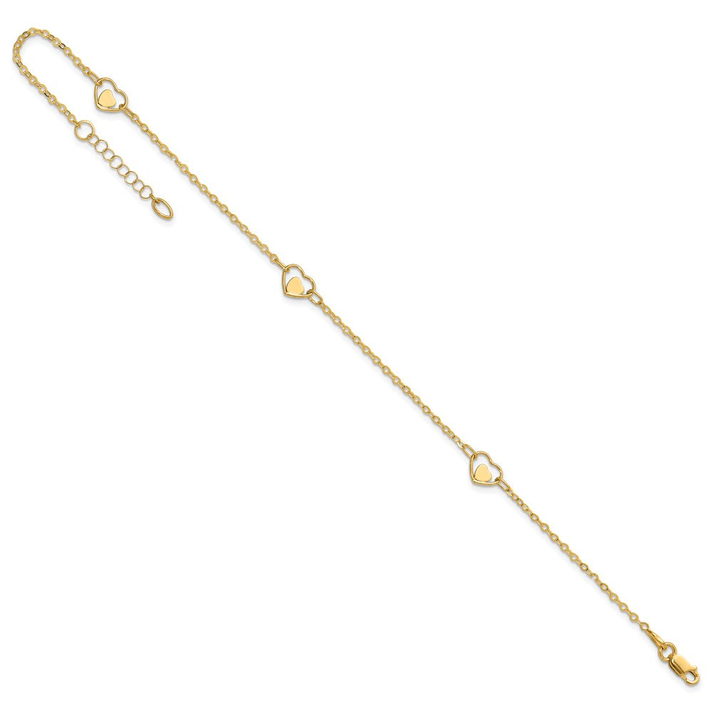 14k Yellow Gold 1.25 mm Polished Heart in Plus 1in ext Anklet (1.88 grams)