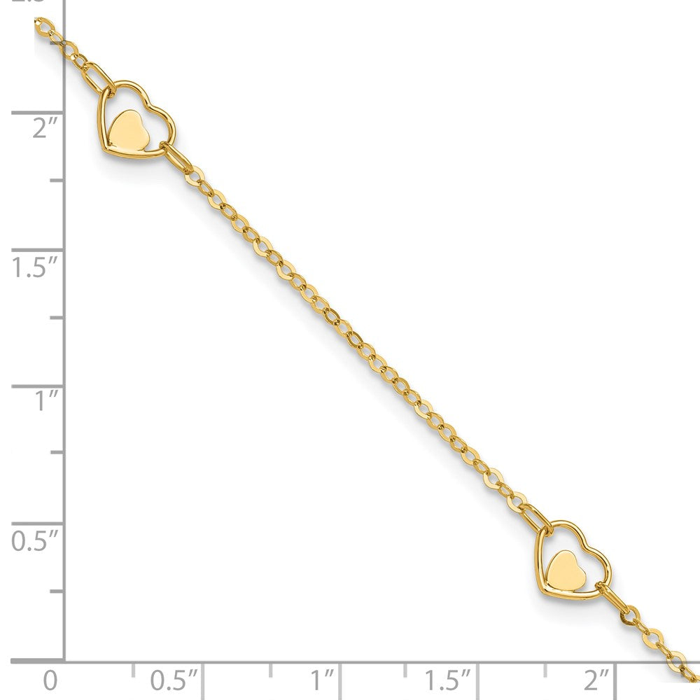 14k Yellow Gold 1.25 mm Polished Heart in Plus 1in ext Anklet (1.88 grams)