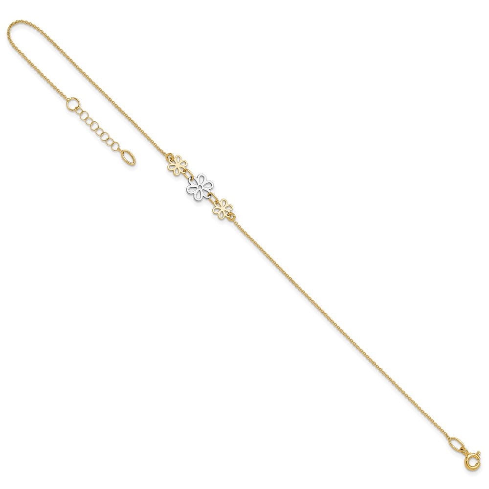14k Two-tone 0.75 mm Two-tone Polished Three Flower in Plus 1in ext Anklet (1.33 grams)