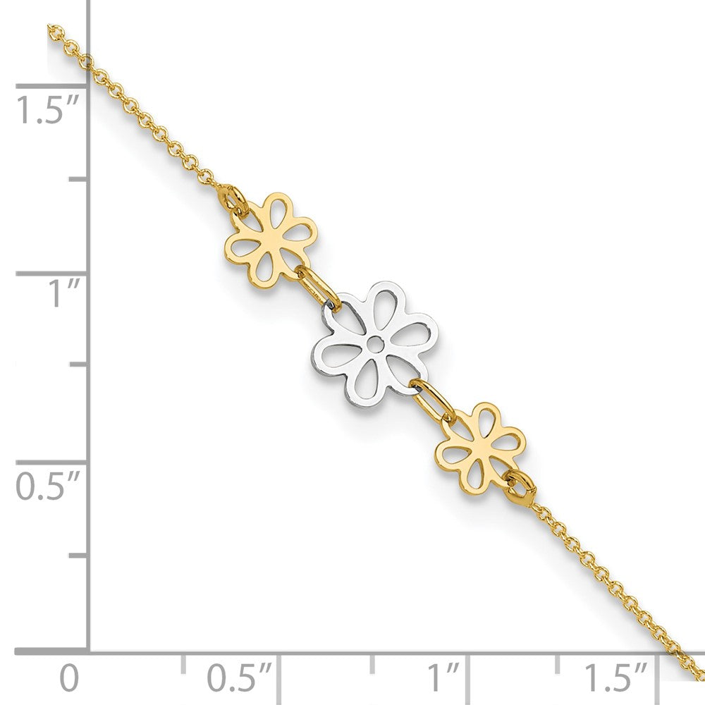 14k Two-tone 0.75 mm Two-tone Polished Three Flower in Plus 1in ext Anklet (1.33 grams)