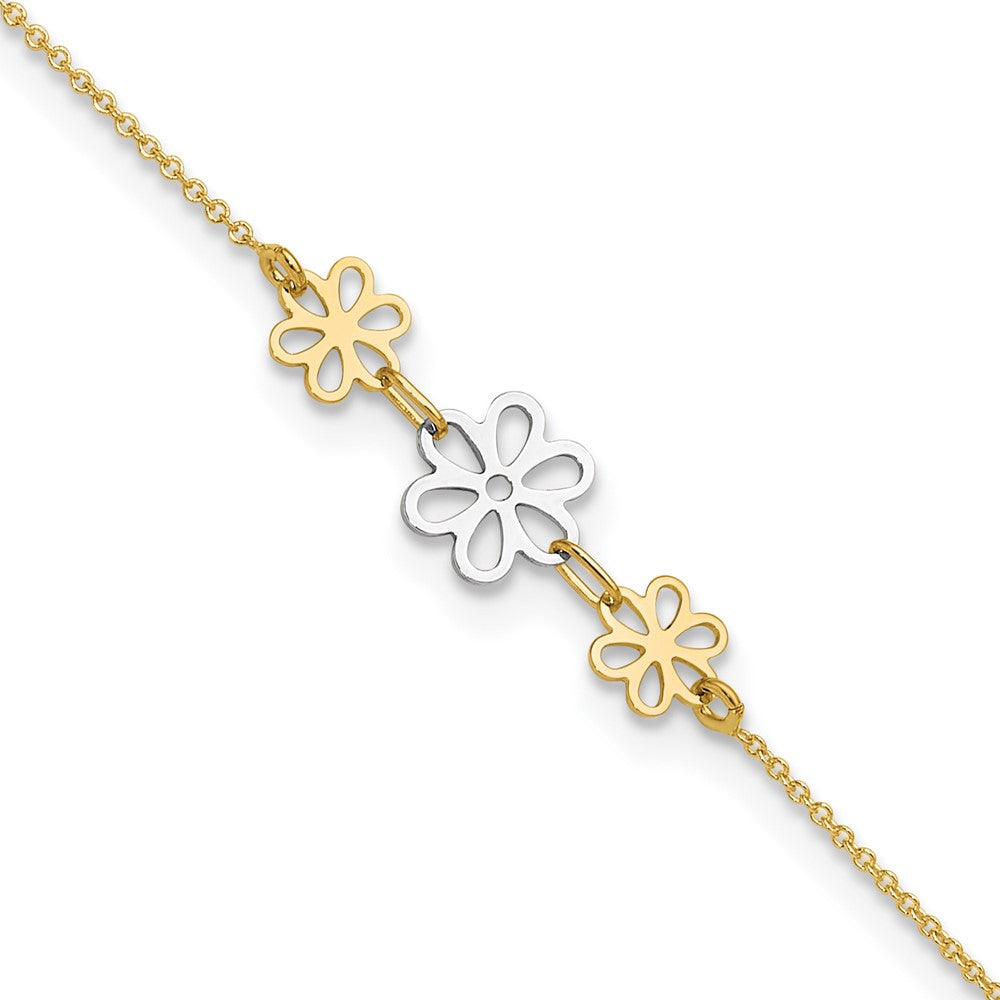 14k Two-tone 0.75 mm Two-tone Polished Three Flower in Plus 1in ext Anklet (1.33 grams)
