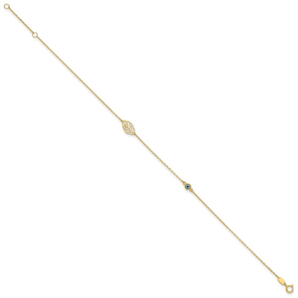 14k Yellow Gold 1 mm 4k Leaf and Glass Eye Bead in Plus in Ext Anklet (0.98 grams)