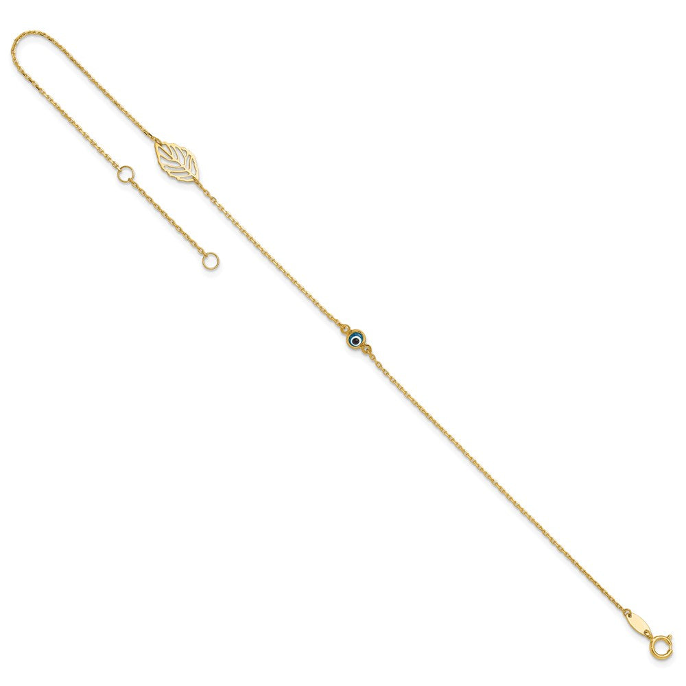 14k Yellow Gold 1 mm 4k Leaf and Glass Eye Bead in Plus in Ext Anklet (0.98 grams)