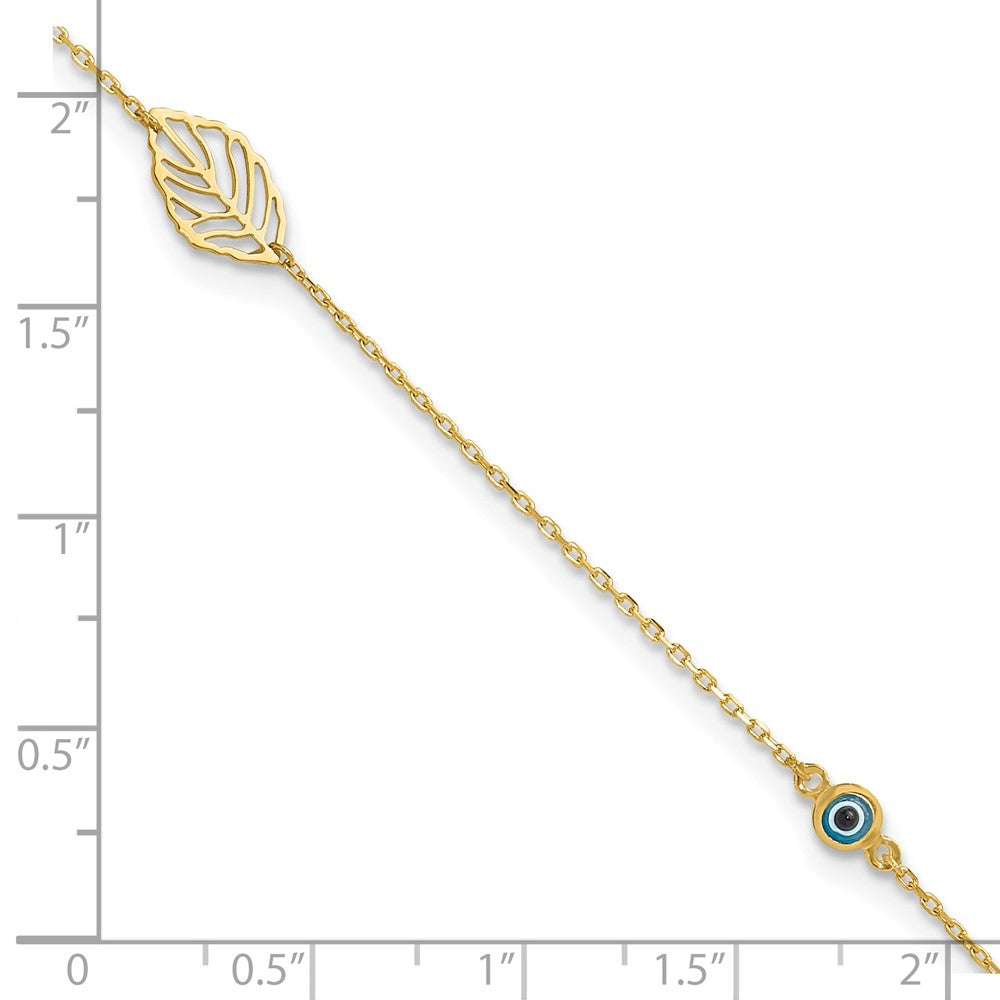 14k Yellow Gold 1 mm 4k Leaf and Glass Eye Bead in Plus in Ext Anklet (0.98 grams)