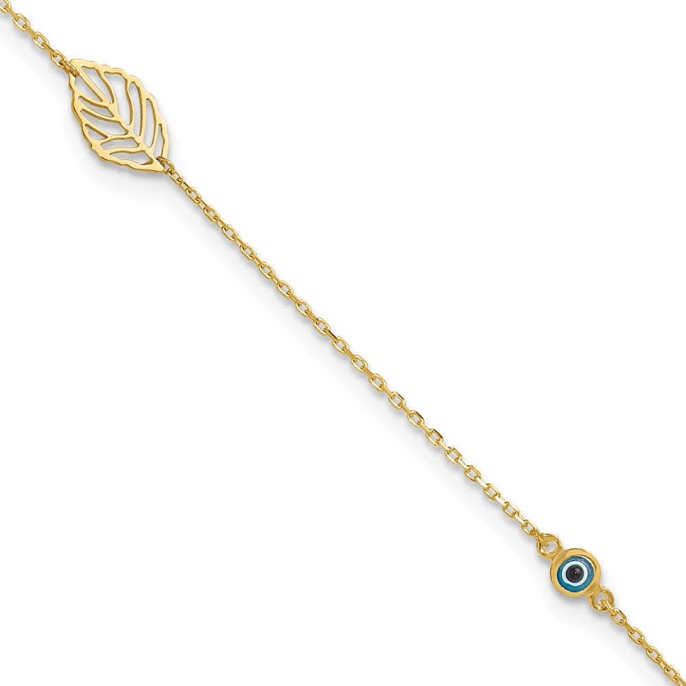 14k Yellow Gold 1 mm 4k Leaf and Glass Eye Bead in Plus in Ext Anklet (0.98 grams)