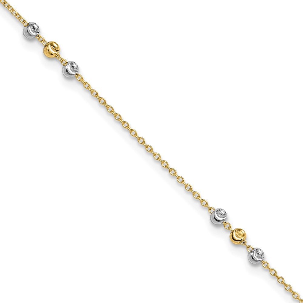 14k Two-tone 0.75 mm Two-tone Polished Diamond-cut Beaded in Plus 1 in ext. Anklet (1.8 grams)