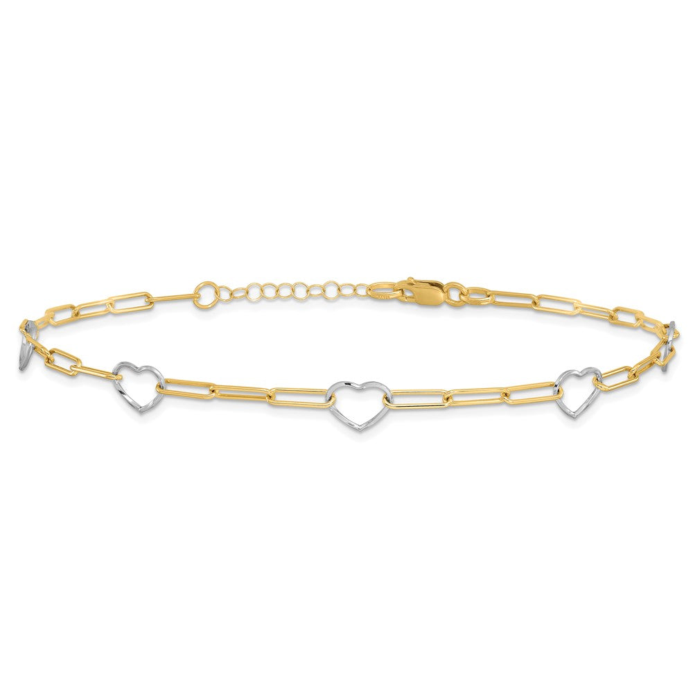 14k Two-tone 6.75 mm Two-tone Paperclip Link Heart 9in Plus 1in ext. Anklet (2.69 grams)