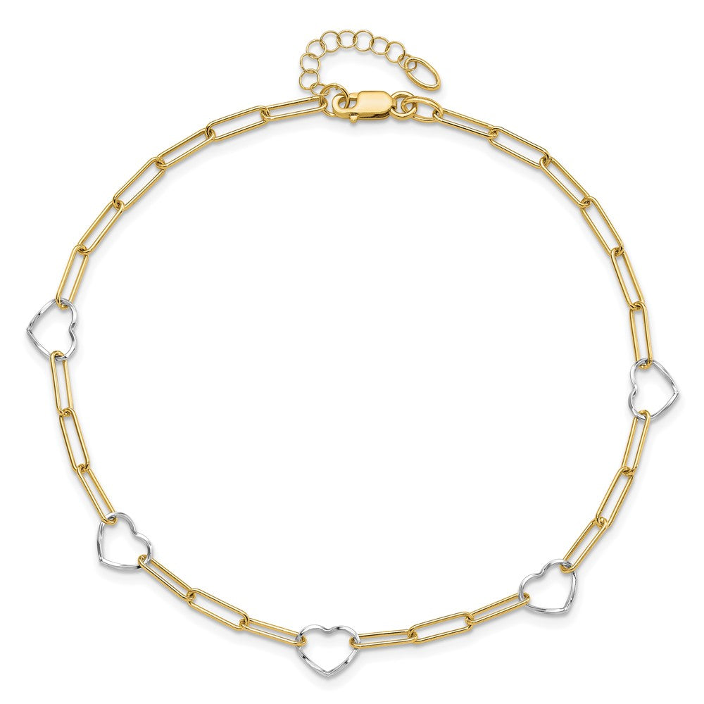 14k Two-tone 6.75 mm Two-tone Paperclip Link Heart 9in Plus 1in ext. Anklet (2.69 grams)