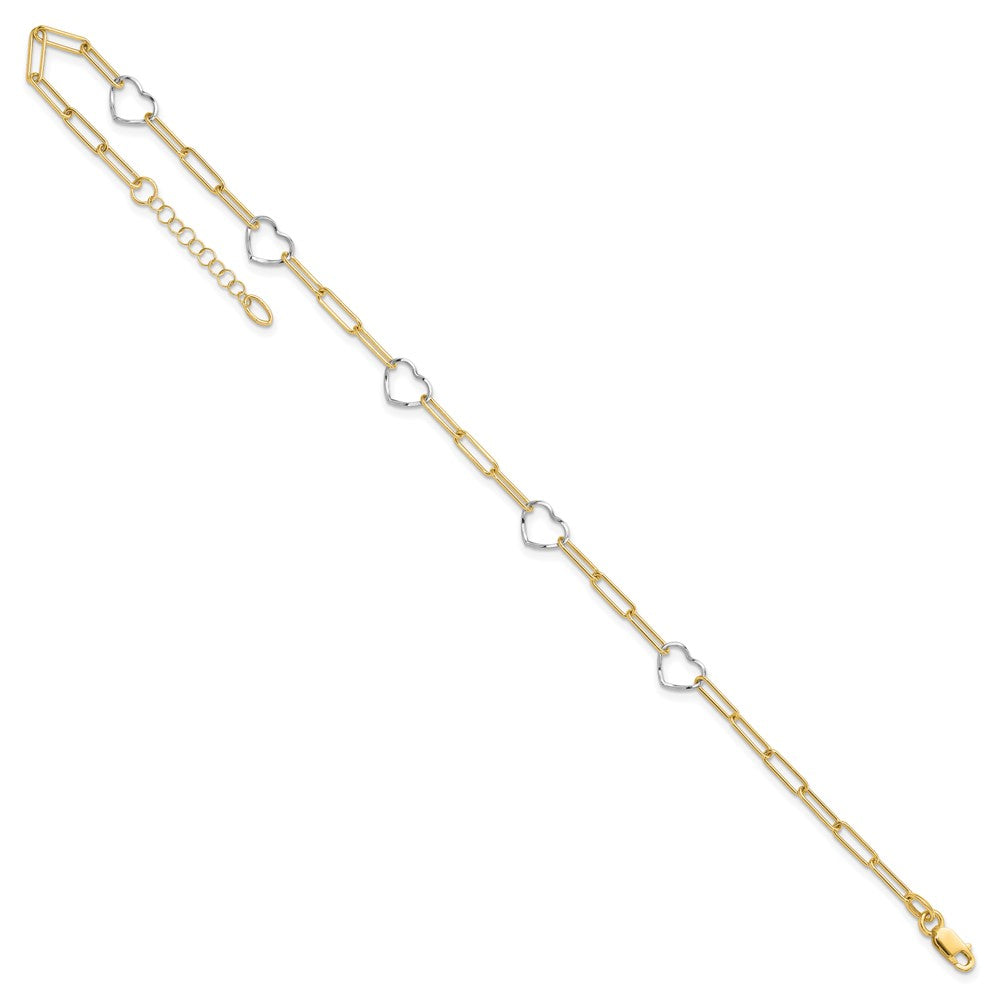 14k Two-tone 6.75 mm Two-tone Paperclip Link Heart 9in Plus 1in ext. Anklet (2.69 grams)