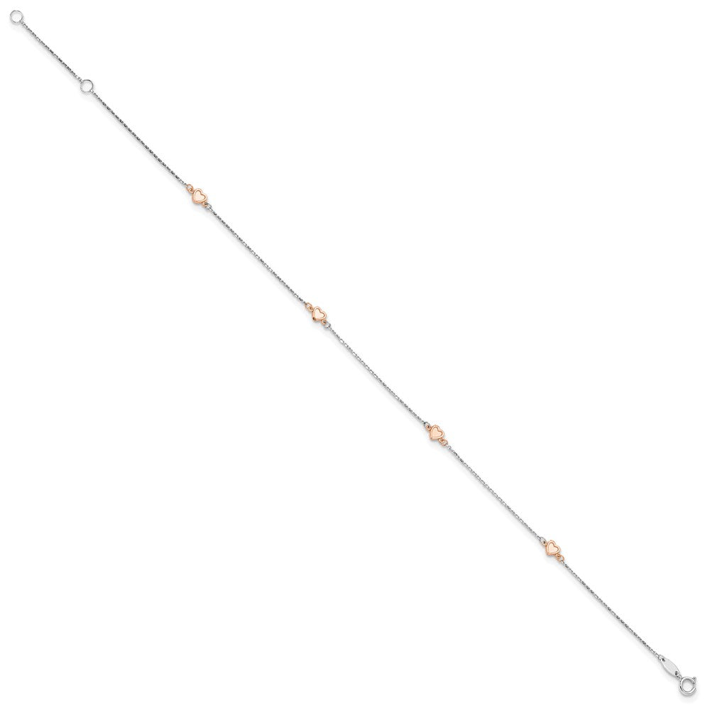 14K White/Rose Gold 4 mm Two-tone White and Rose Satin Hearts 9in Plus 1in ext. Anklet (1.04 grams)