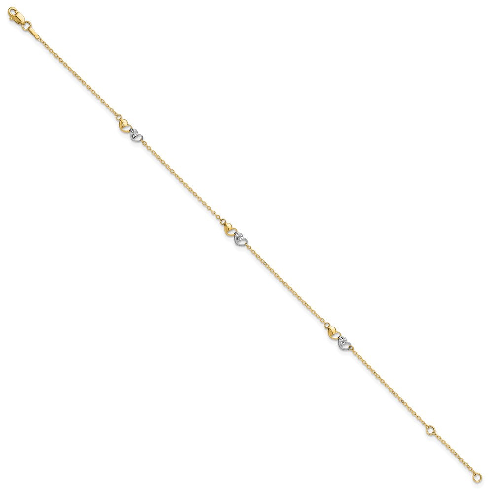 14k Two-tone 4.39 mm Polished and D/C Hearts 9in Plus 1in ext. Anklet (1.17 grams)