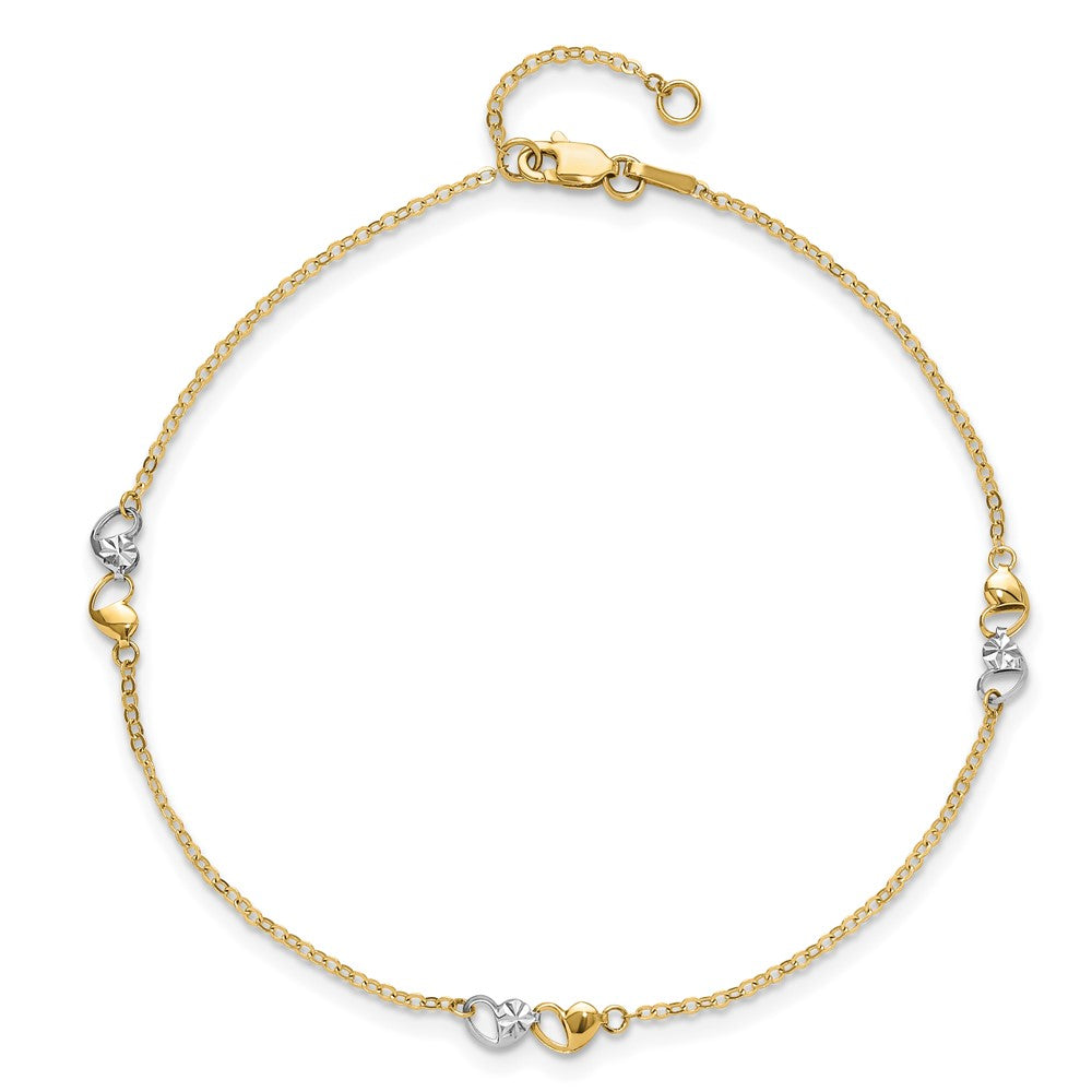 14k Two-tone 4.39 mm Polished and D/C Hearts 9in Plus 1in ext. Anklet (1.17 grams)