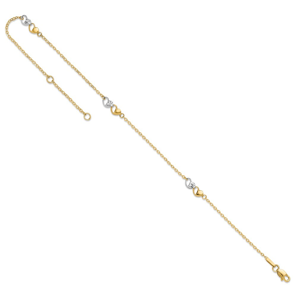 14k Two-tone 4.39 mm Polished and D/C Hearts 9in Plus 1in ext. Anklet (1.17 grams)