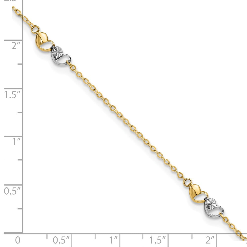 14k Two-tone 4.39 mm Polished and D/C Hearts 9in Plus 1in ext. Anklet (1.17 grams)