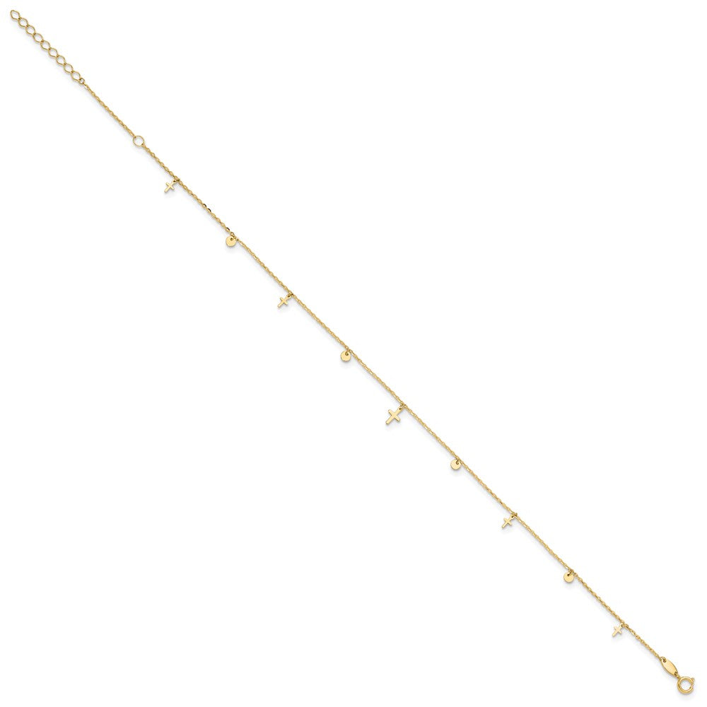 14k Yellow Gold 7 mm Polished Crosses 9in Plus 2in ext. Anklet (1.03 grams)