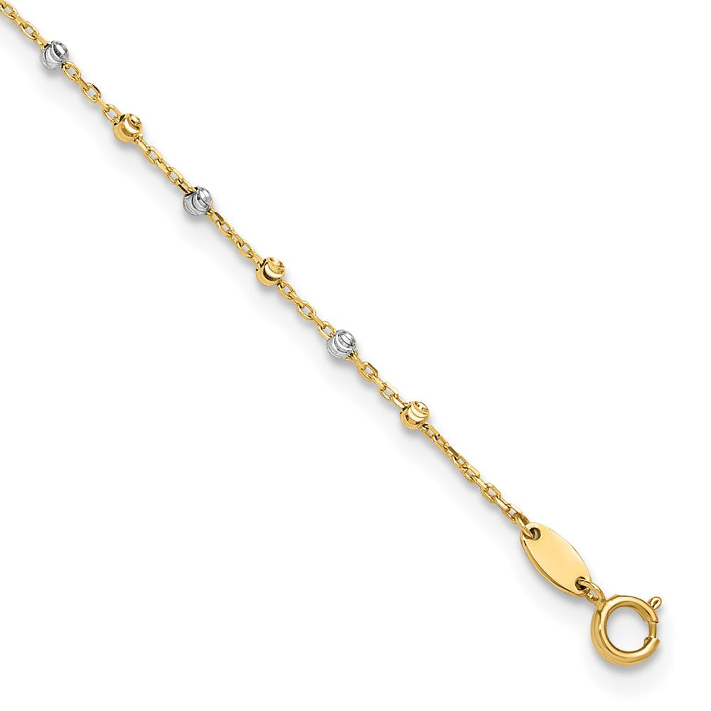 14k Two-tone 0.75 mm Two-tone Polished and Diamond-cut Beads 10in Plus 1in ext. Anklet (1.66 grams)