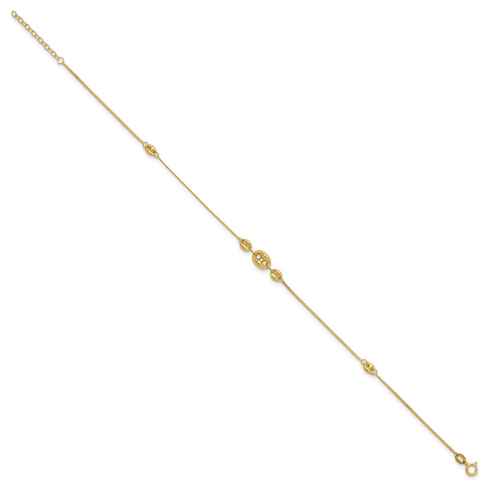 14k Yellow Gold 6 mm Polished Fancy Link Three Station 9in Plus 1in extension Anklet (1.21 grams)