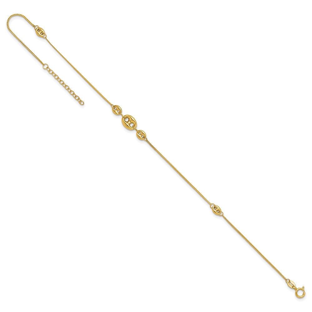 14k Yellow Gold 6 mm Polished Fancy Link Three Station 9in Plus 1in extension Anklet (1.21 grams)