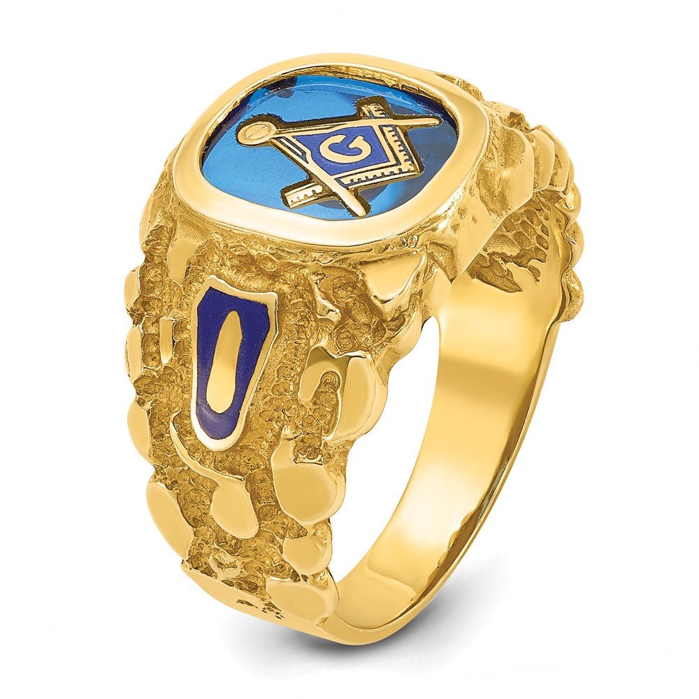IBGoodman 10k Men's Polished and Nugget Textured with Blue Enamel and Lab Created Sapphire Blue Lodge Master Masonic Ring (8.22 grams)