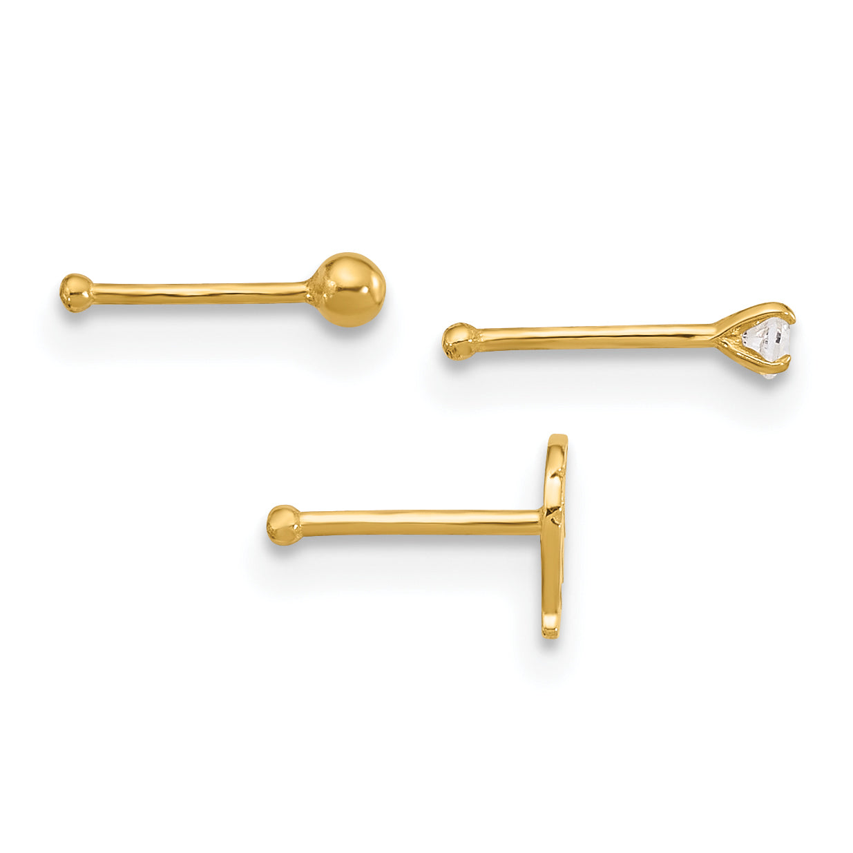 14K 22 Gauge Leaf, Ball and CZ Post Nose Set (0.37 grams)