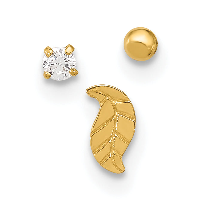 14K 22 Gauge Leaf, Ball and CZ Post Nose Set (0.37 grams)
