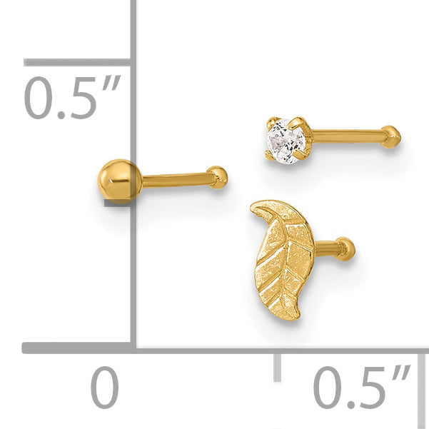 14K 22 Gauge Leaf, Ball and CZ Post Nose Set (0.37 grams)