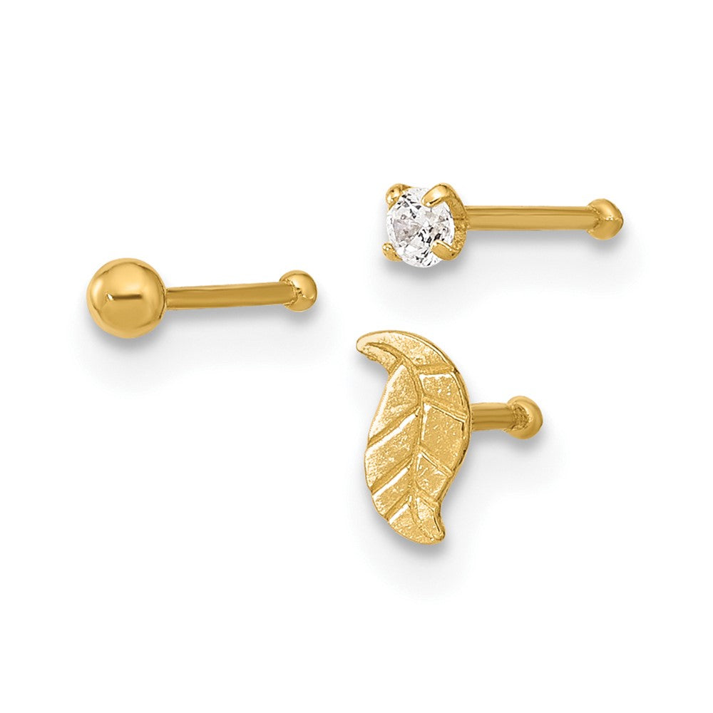 14K 22 Gauge Leaf, Ball and CZ Post Nose Set (0.37 grams)