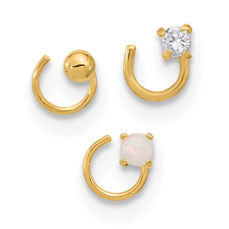 14K 22 Gauge CZ, Synthetic Opal and Ball Nose Post Set (0.22 grams)